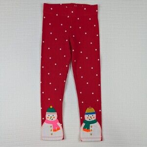 Mini Boden Girls Leggings 6-7Y Red White Polka Dot Snowman Applique Stretch